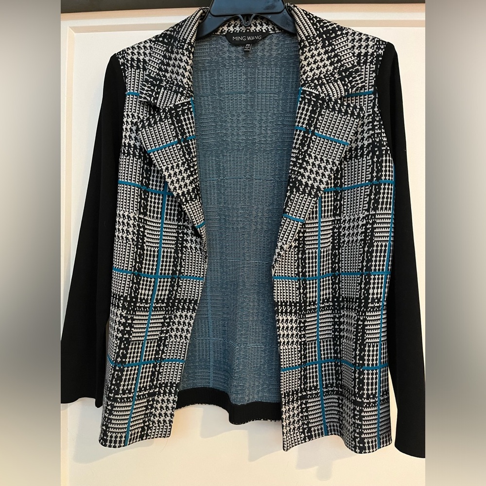 Ming Wang blazer.  Black and white with teal. Size PS